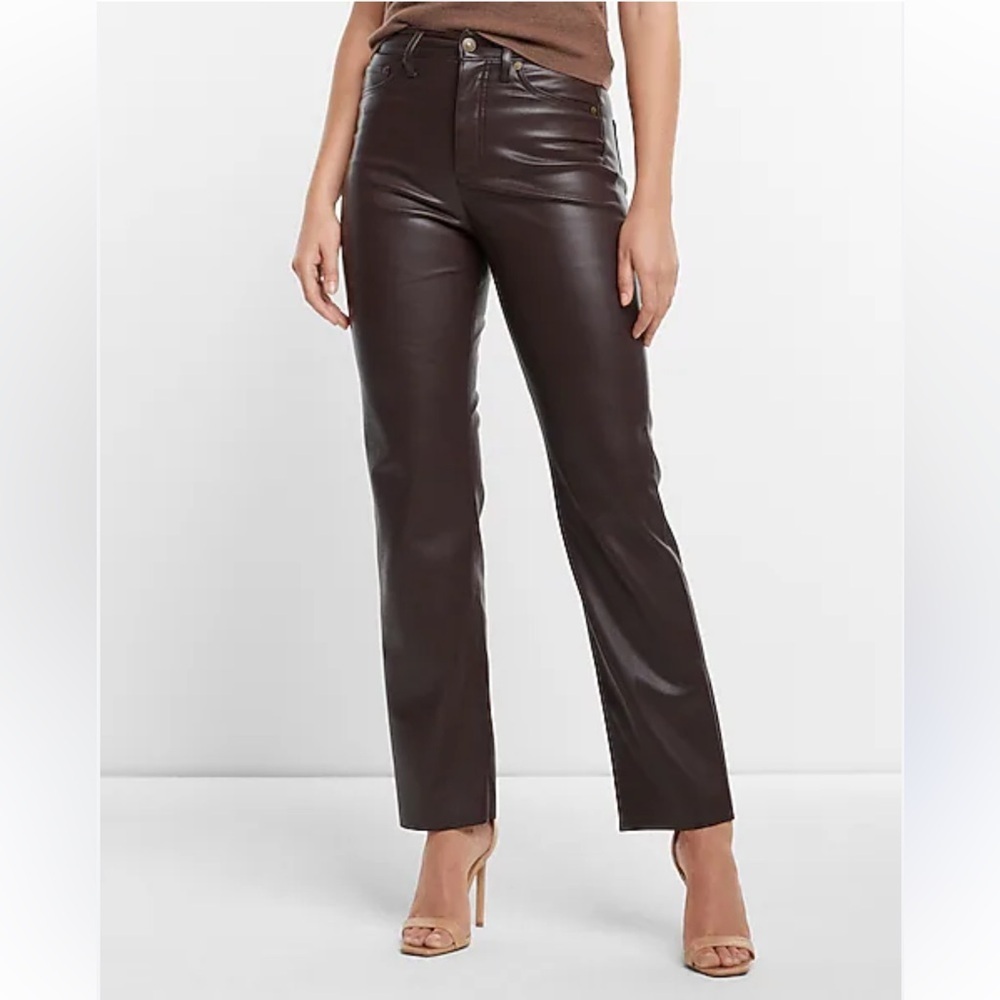 Express Super High Waisted Faux Leather Modern Straight Pant Brown Size 4